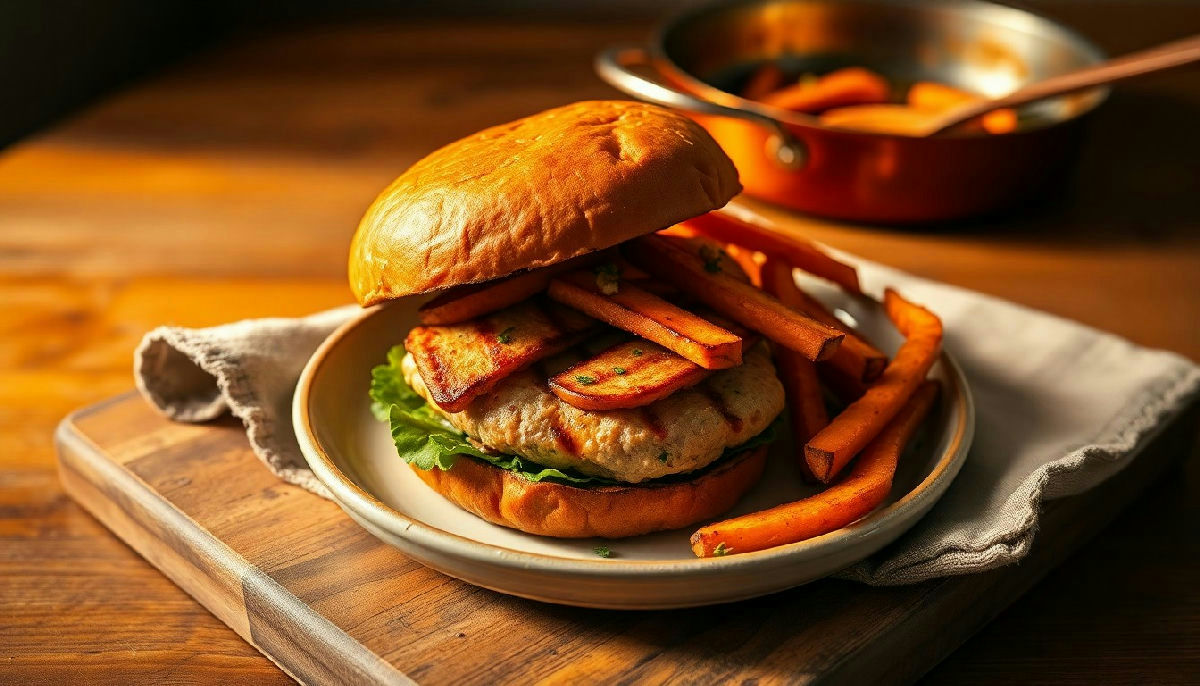 Grilled Turkey Burger with Sweet Potato Fries